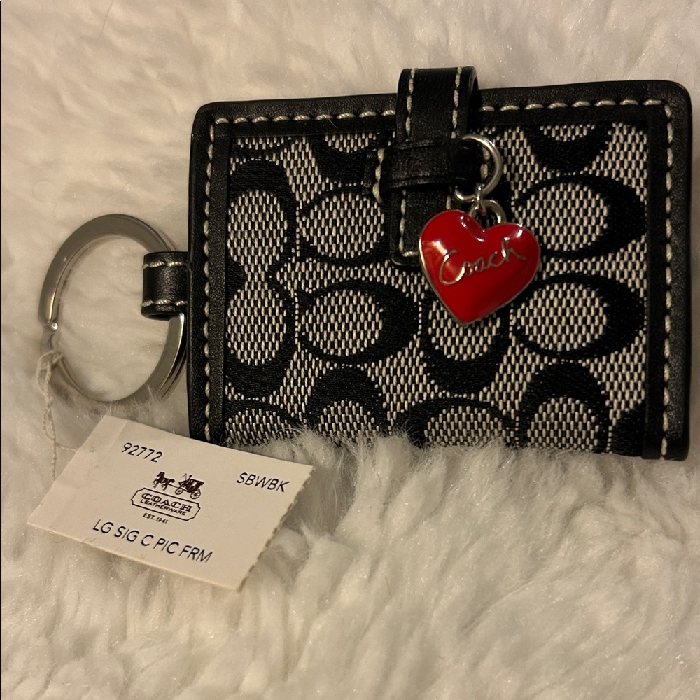 Coach Black Signature Canvas Key & Card Holder with Red Heart Charm